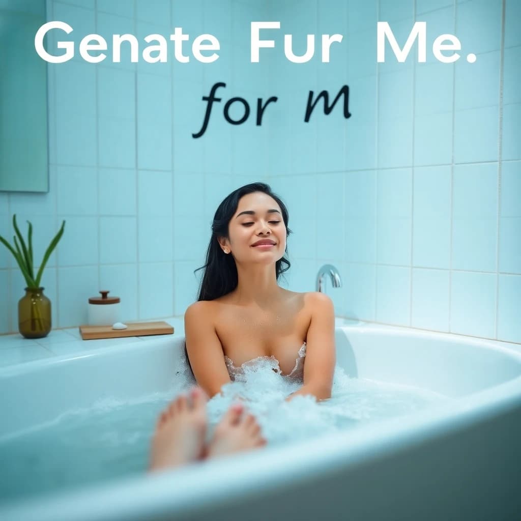 Generate a promotional image for me of a woman taking a bath in a bathroom.
